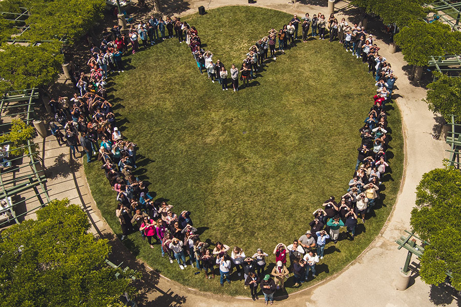 Aerial view of people standing forming a heart