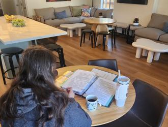 Teen works on homework in home